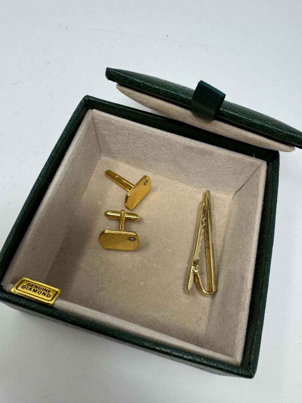 VTG L’Aiglon Genuine Diamond Cufflinks Tie Bar Set Gold Tone MCM Box